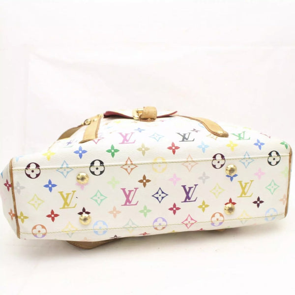 White synthetic leather with multi-color LV monogram print