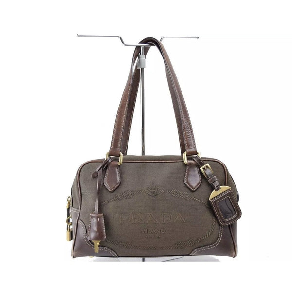 PRADA Brown Canvas Jacquard Logo Leather Crossbody Shoulder Bag With Dustbag